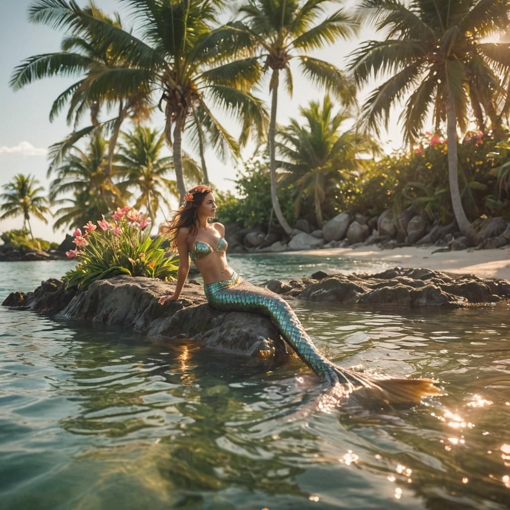 Mermaid on Tiny Island: Surreal Tropical Getaway