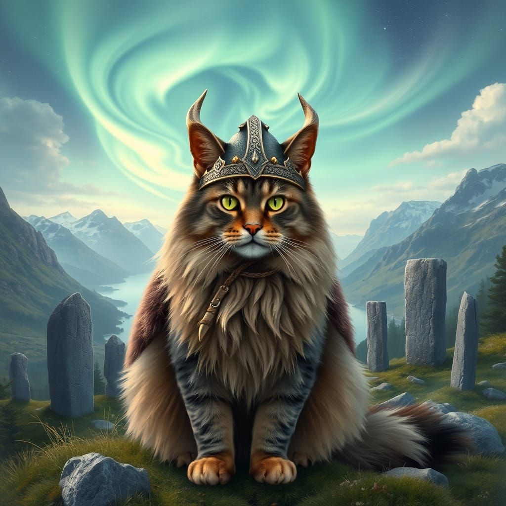 Maine Coon Cat in Viking Style with Nordic Landscape
