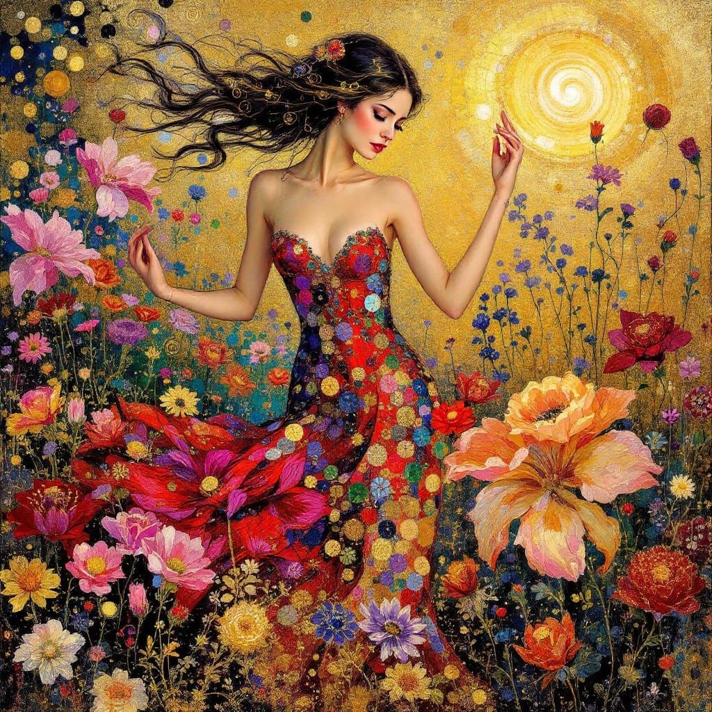 Golden Dancer in a Klimt-Inspired Garden