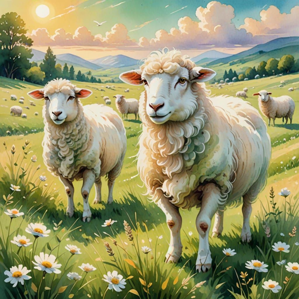 Pastel Sheep in Meadow Watercolor Illustration