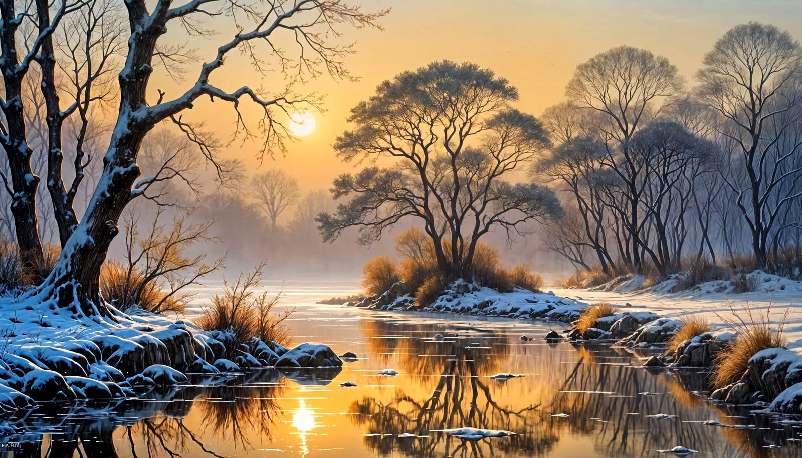 Winter Morning River Scene in Vibrant Ink Painting