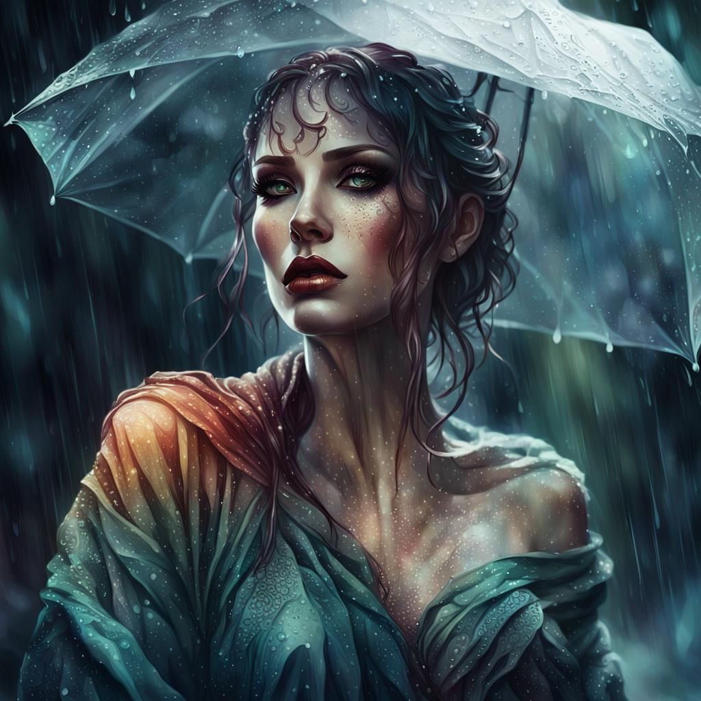 Rain-Soaked Portrait in Fluidic Art Style