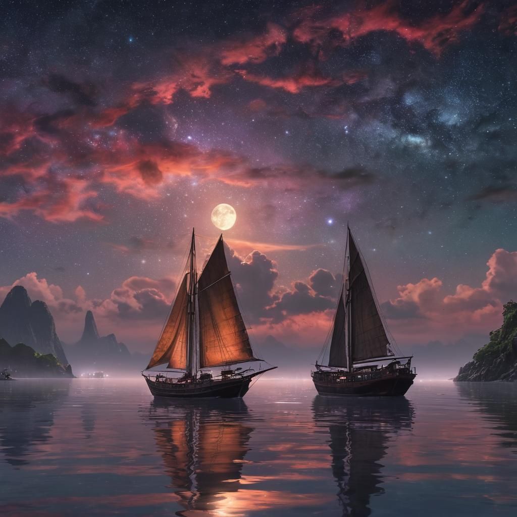 Tropical Sailboat at Night in Dieselpunk Style