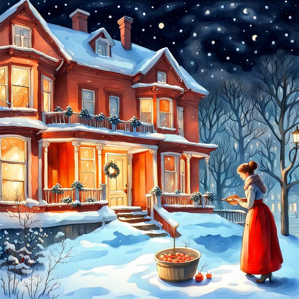Victorian Christmas Dinner Preparation, Gouache Watercolor