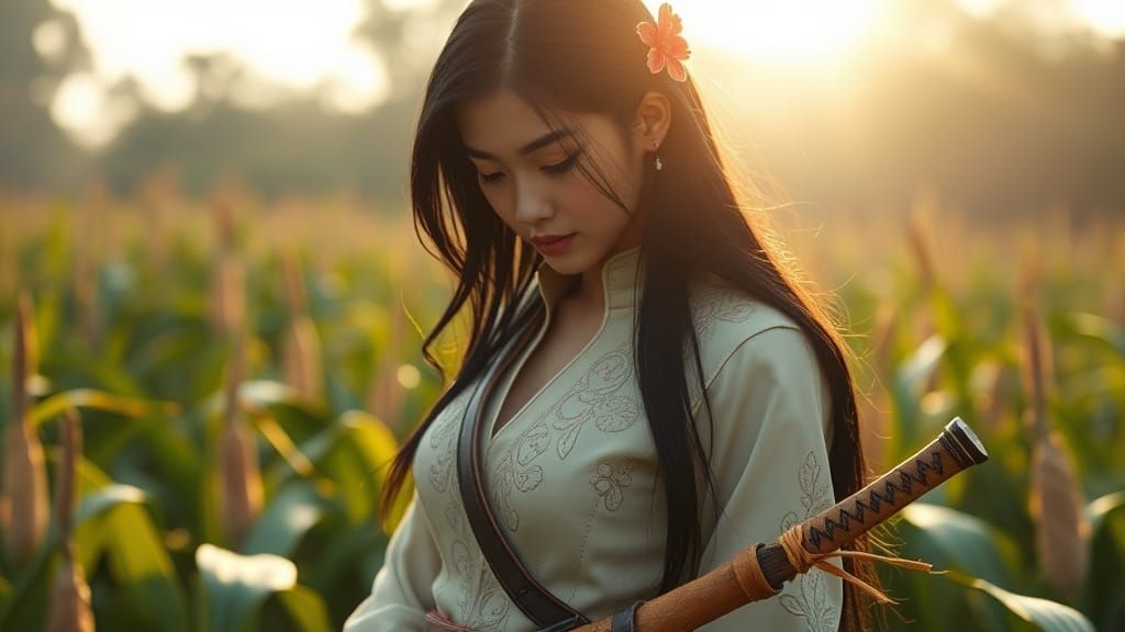 Asian Assassin in Cornfield, Watercolor Style