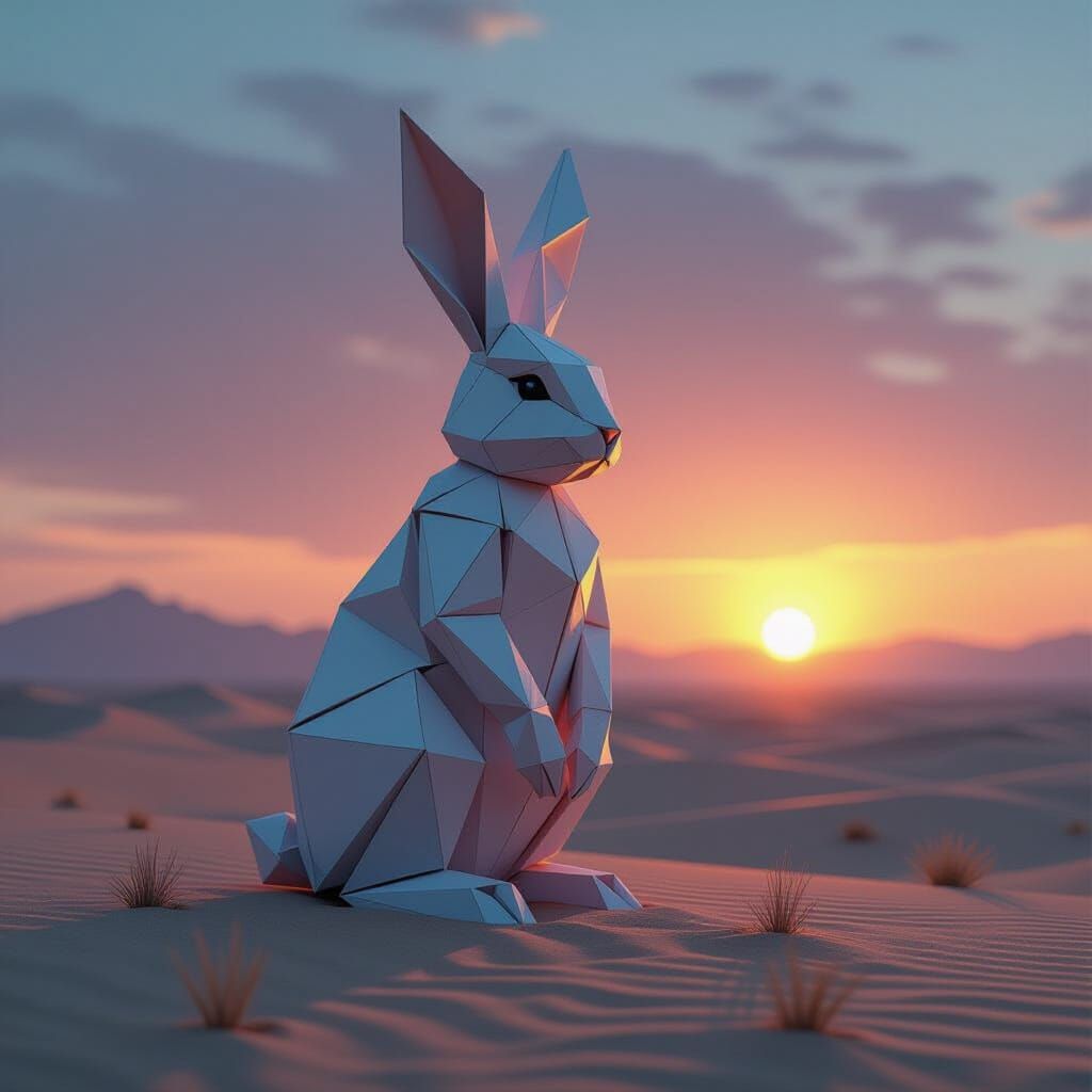 Giant Origami Rabbit Guards Desert at Twilight