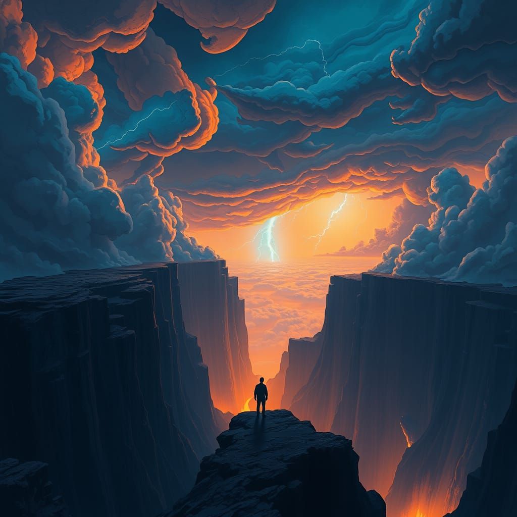 Vast Bottomless Abyss Moebius warm colors contrasting colors tetradic colors surrealism volumetric lighting shadow depth...