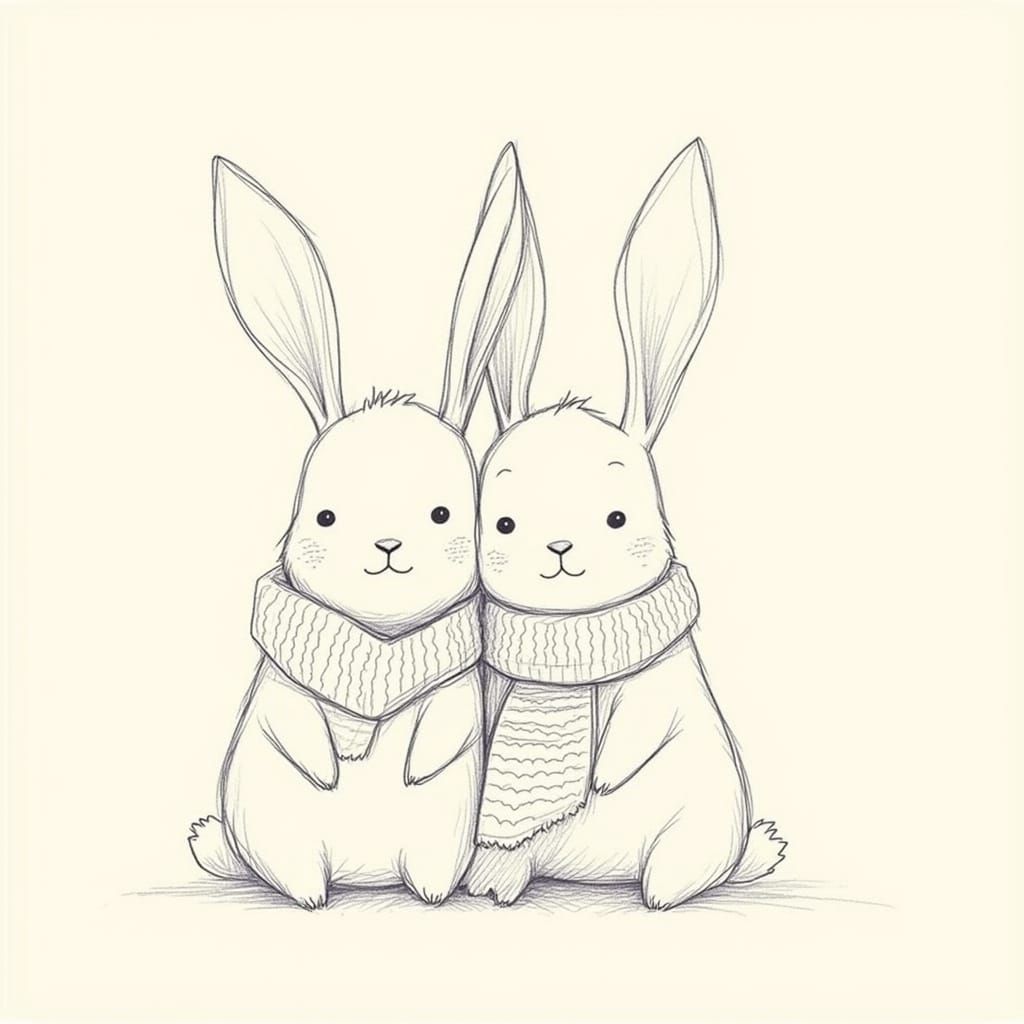 Charming Stylized Rabbits Pencil Drawing in Whimsical Cartoo...
