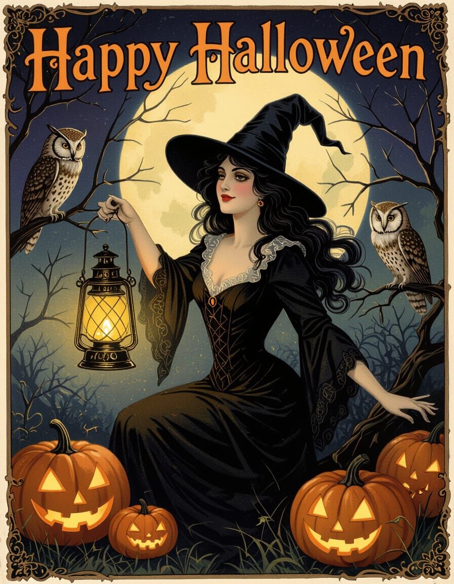 Victorian Halloween Card: Witch with Lantern, Owls, Pumpkins