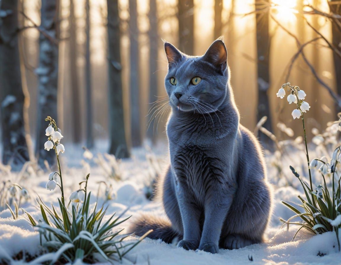 Russian Blue Cat in Winter Wonderland