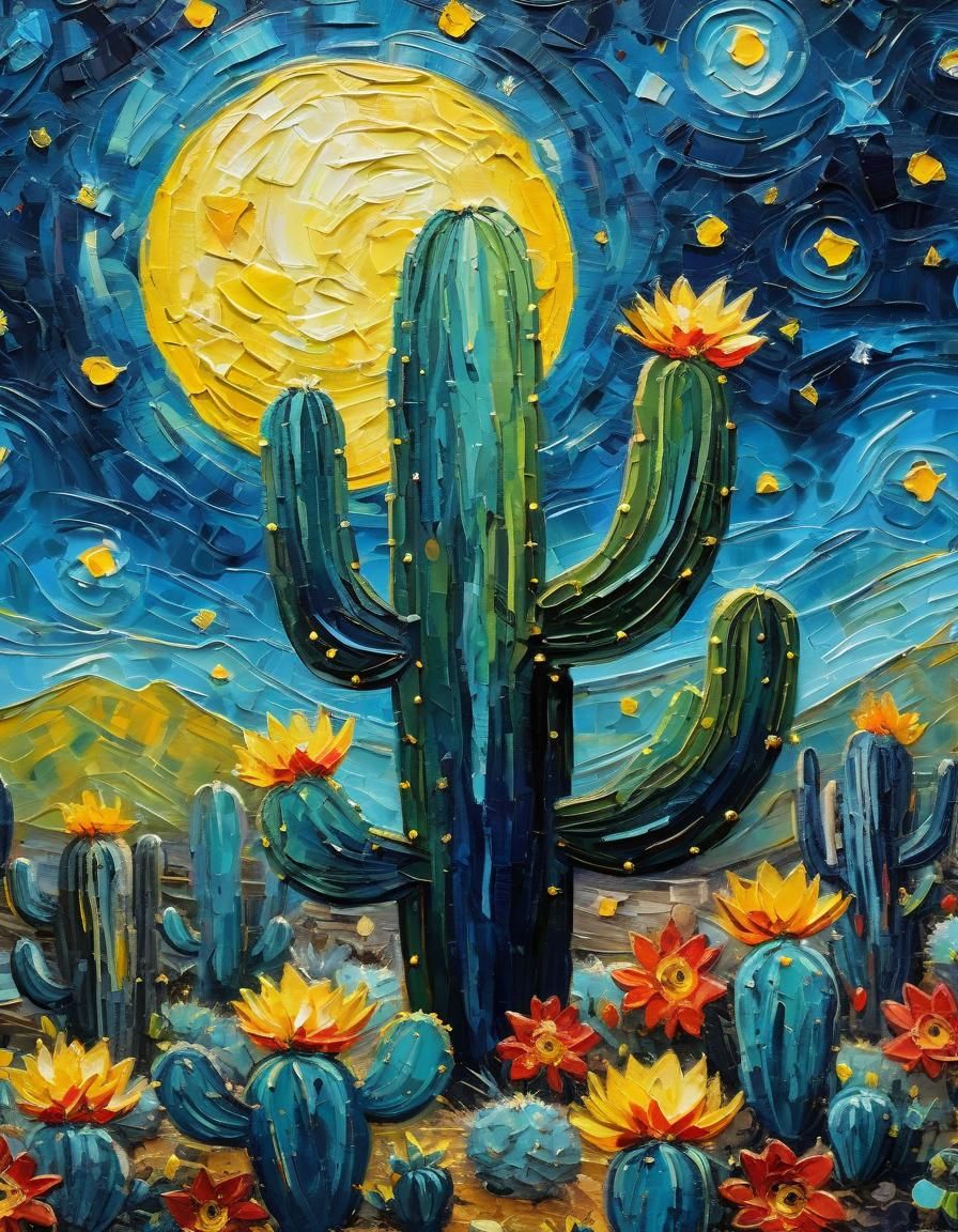 Cactus Under Starry Night Sky in Post-Impressionist Style