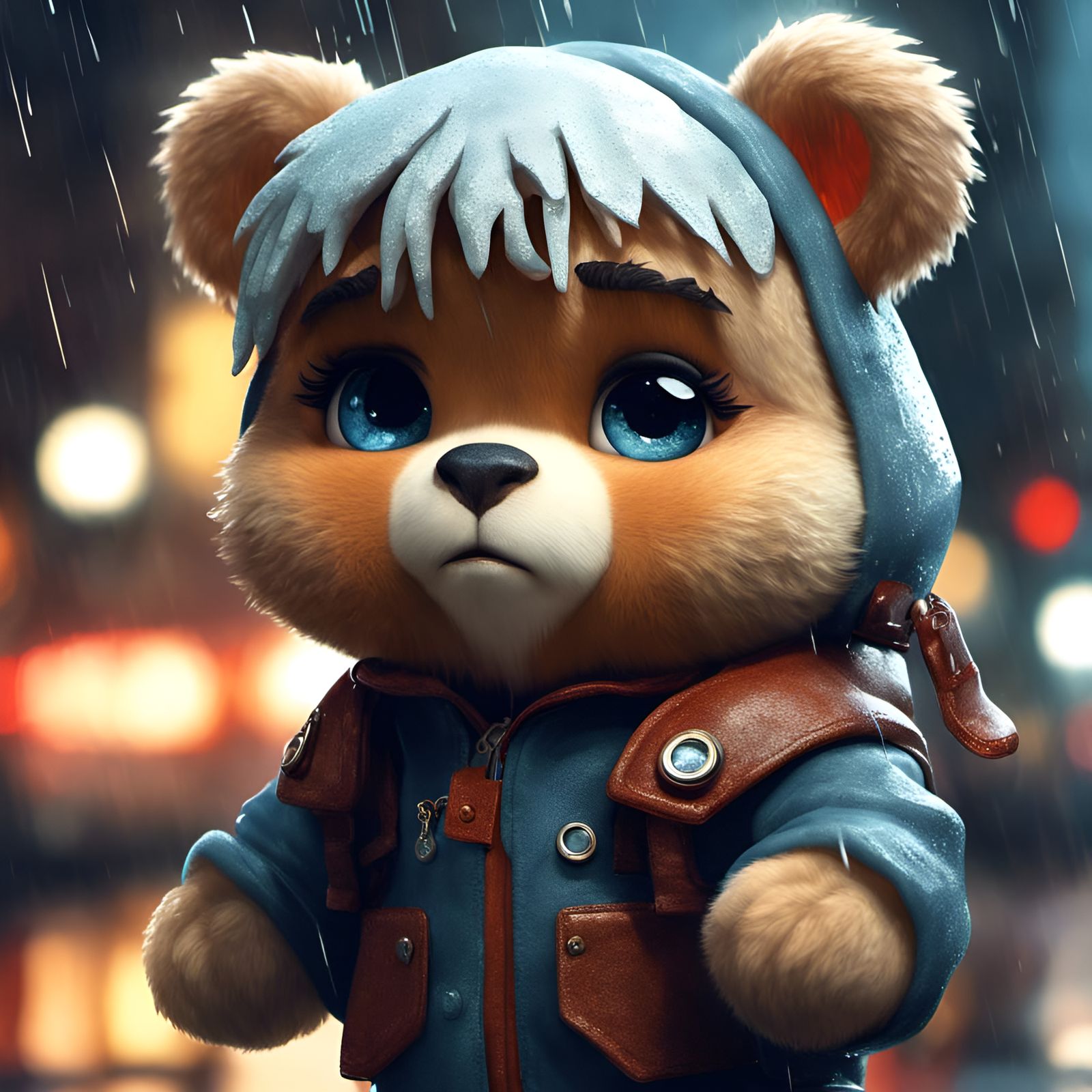 Sad Anthropomorphic Teddy Bear Portrait on Rainy Day