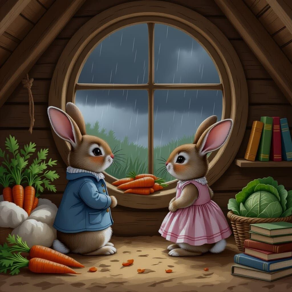 Cozy Rabbit Hutch Scene in Beatrix Potter Style