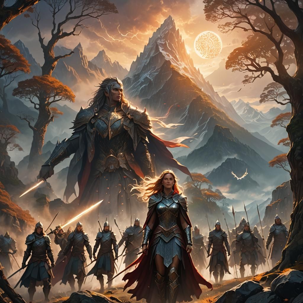 Ethereal Warrior Princess Leading Army in Fantasy Landscape