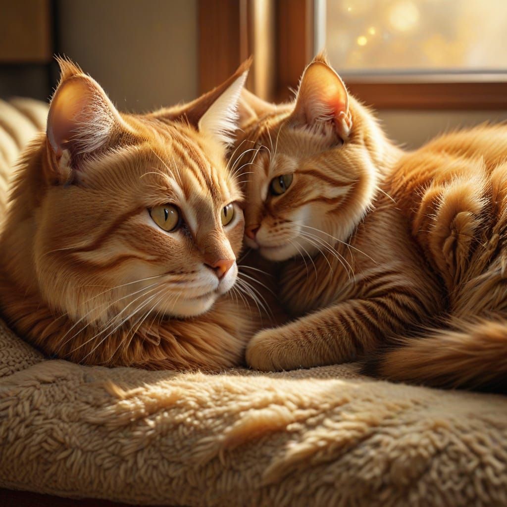 Cozy Cat Mother and Kitten in Warm Digital Art