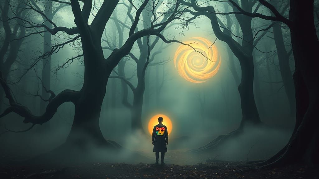 Cosmic Forest Encounter: A Hesitant Figure Before the Glowin...