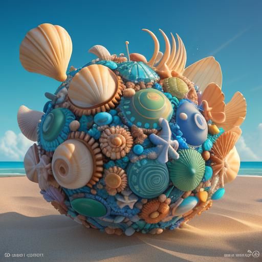 Colorful Seashells on a Beach in Pixar Style