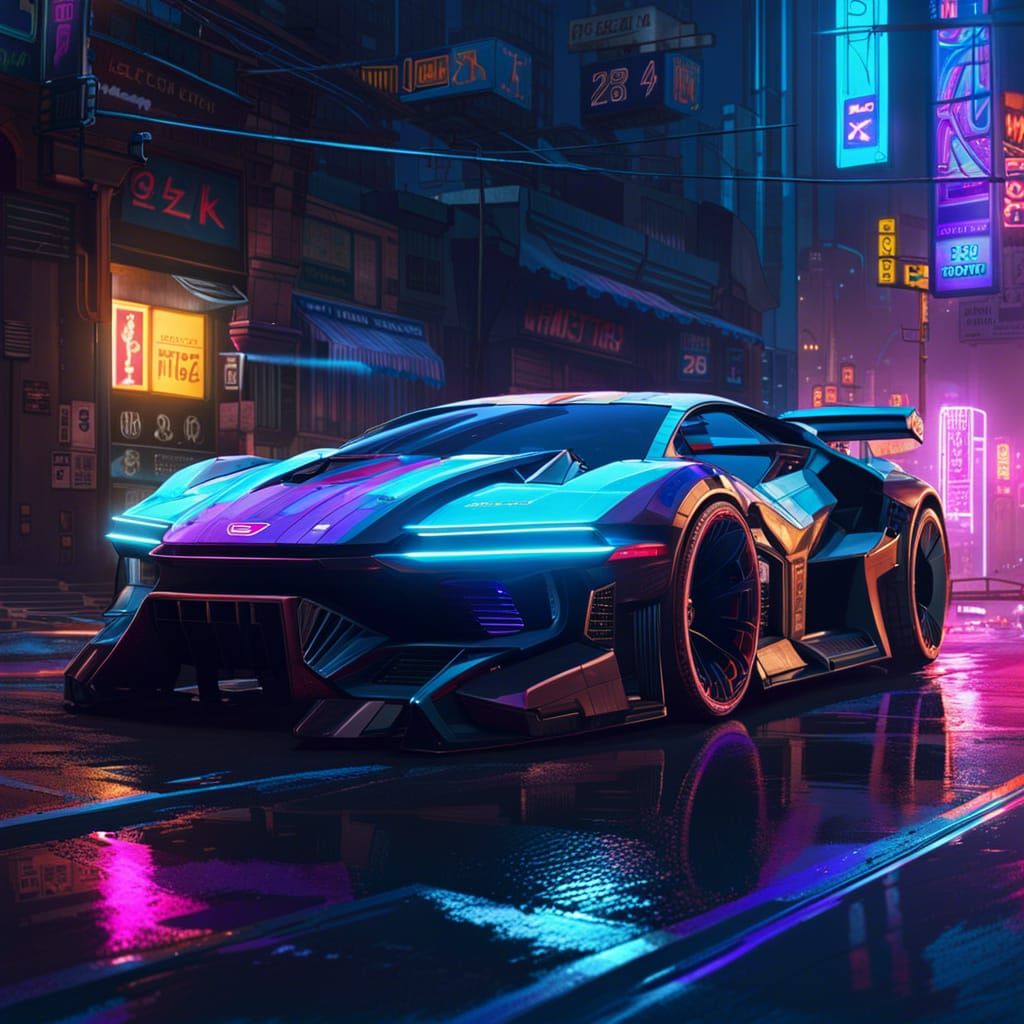Cyberpunk Tech Car on Moonlit Street
