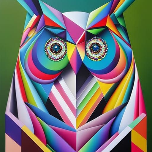 Hyperdetailed geometric symmetrical art of a beautiful elegant owl oil by Okuda San Miguel, rainbow cubist geometric arc...