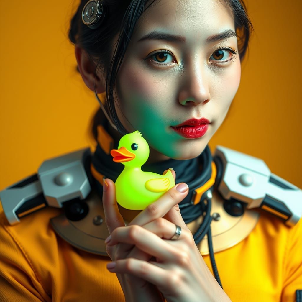 Cyberpunk Asian Cyborg with Rubber Duck Portrait
