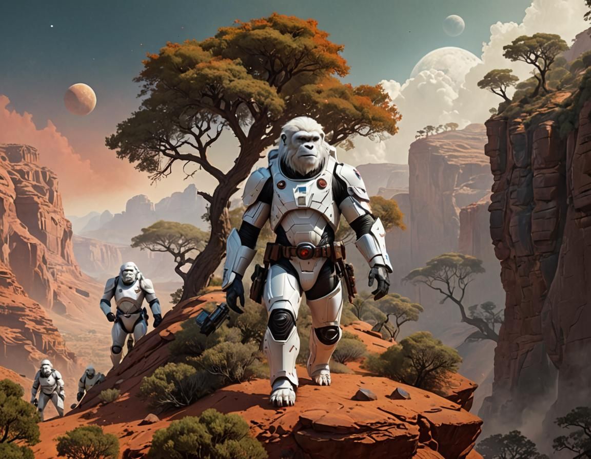The white apes of Mars near a Mars cliff with some trees aro...
