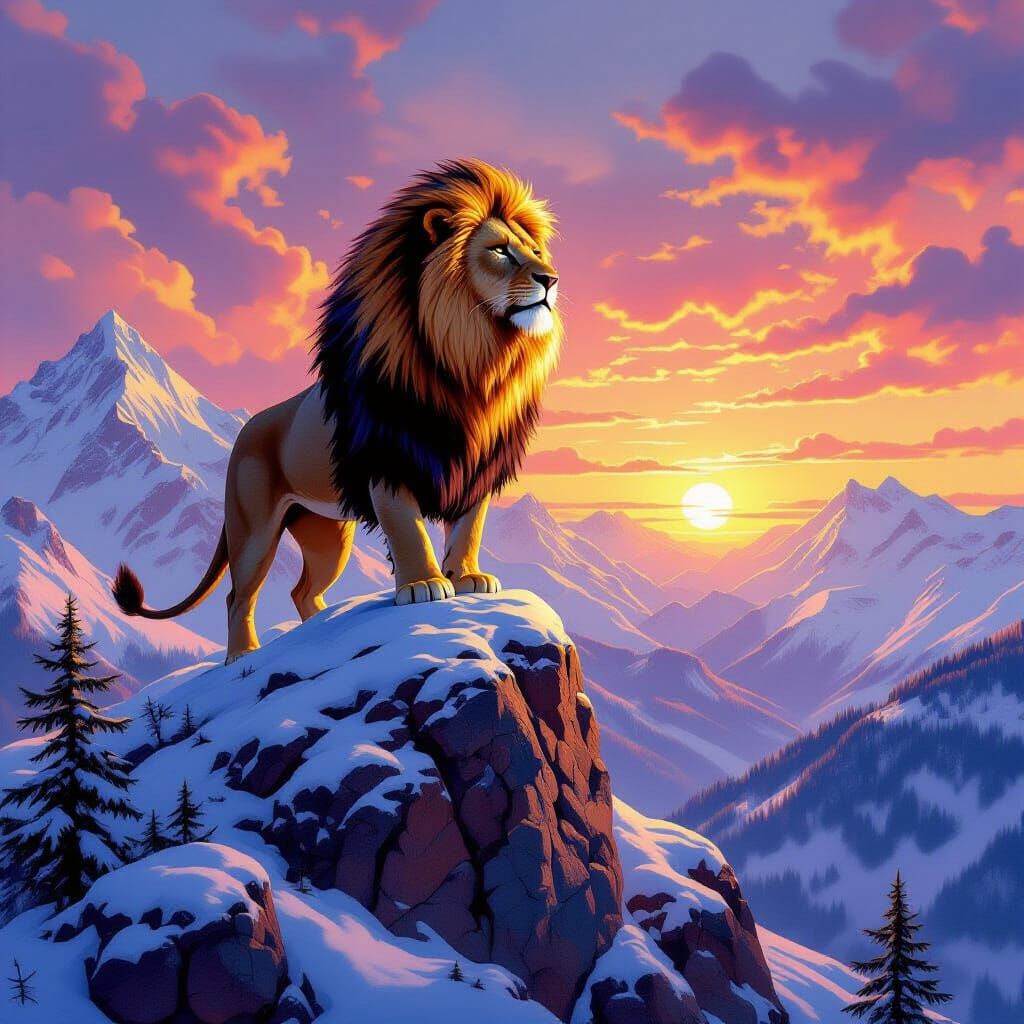 Fire-Maned Lion on Snow Mountain at Sunrise