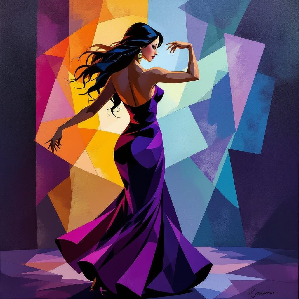 Cubist Tango Dancer in Purple Dress with Long Hair