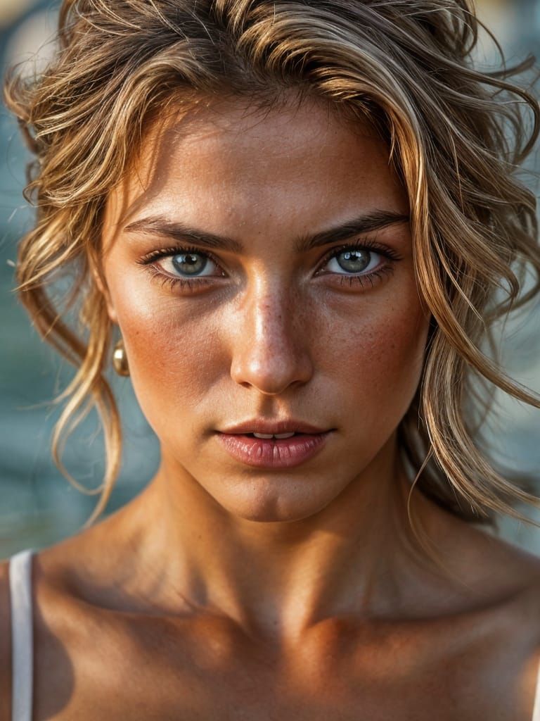 Hyperrealistic Portrait of a Tanned Woman in Soft Golden Lig...