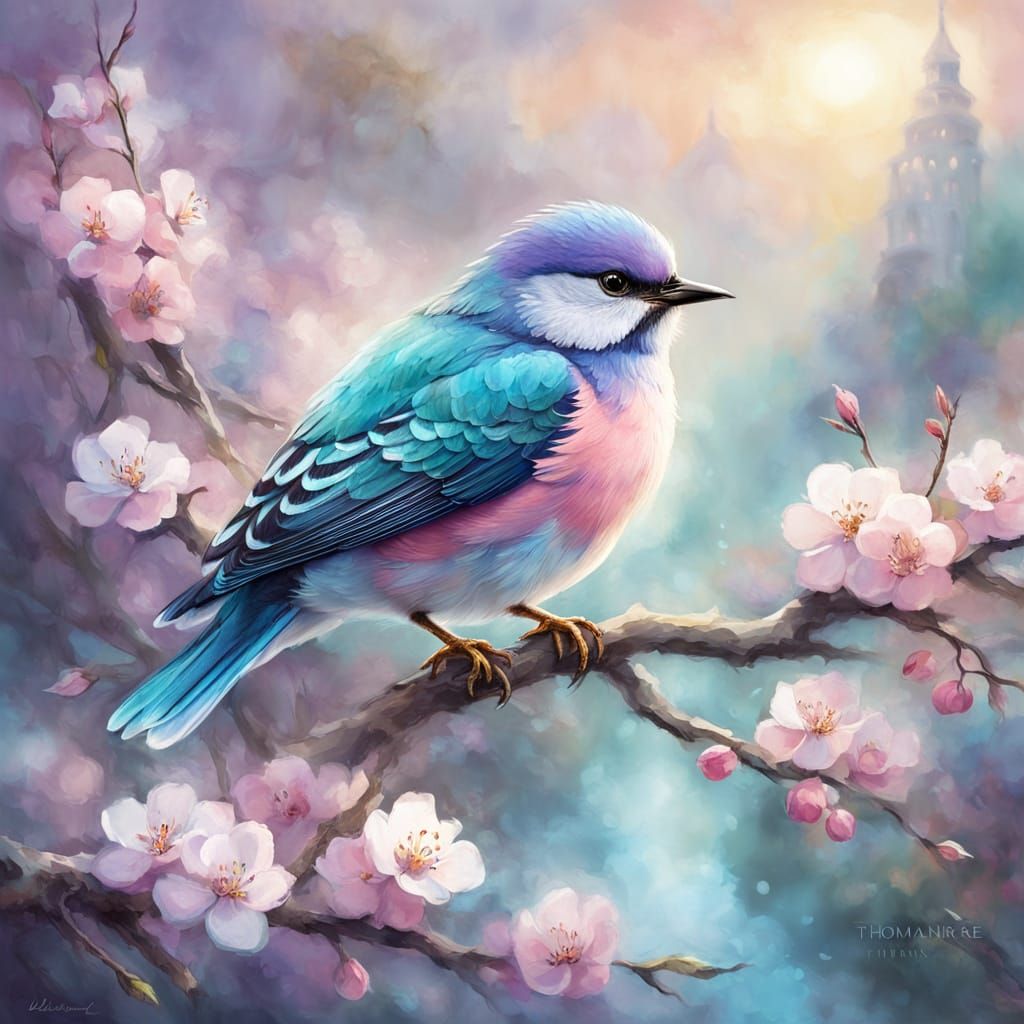 Whimsical Bird on Blossoms Digital Painting