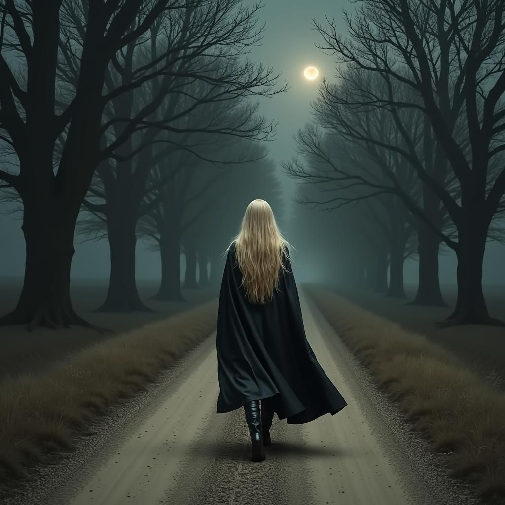 Woman Walks on a Dark Rural Road