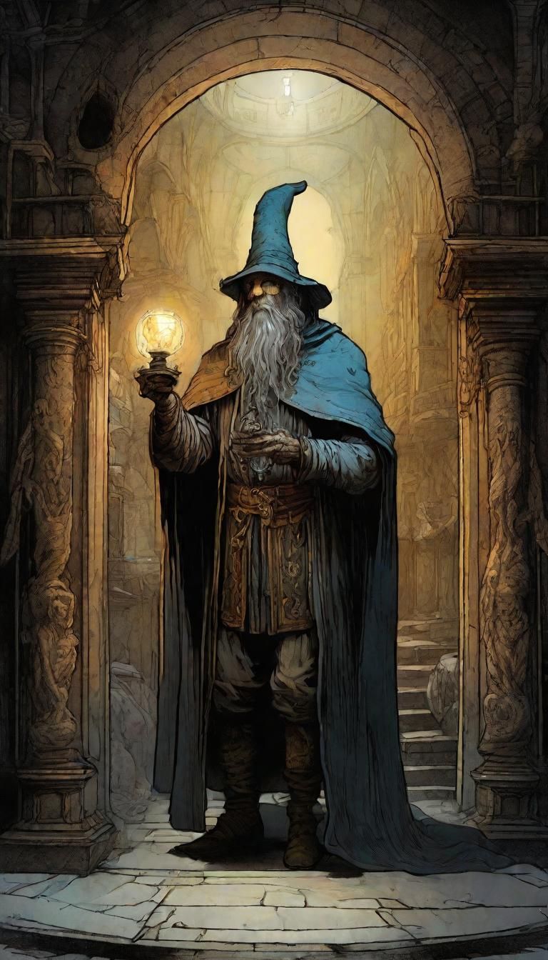 Sorcerer Exploring Baroque Dungeon with Magic Lantern