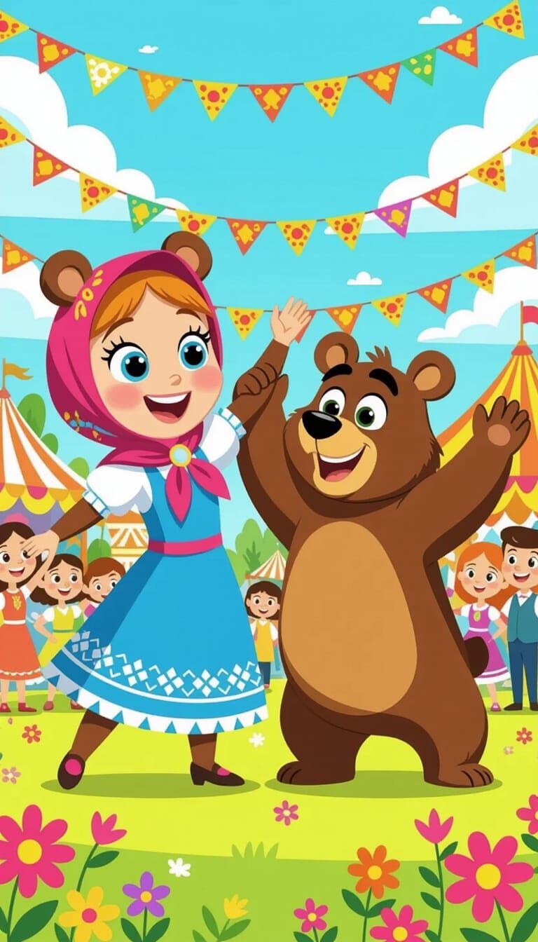 Masha and The Bear Celebrate Festival in Cartoon Style
