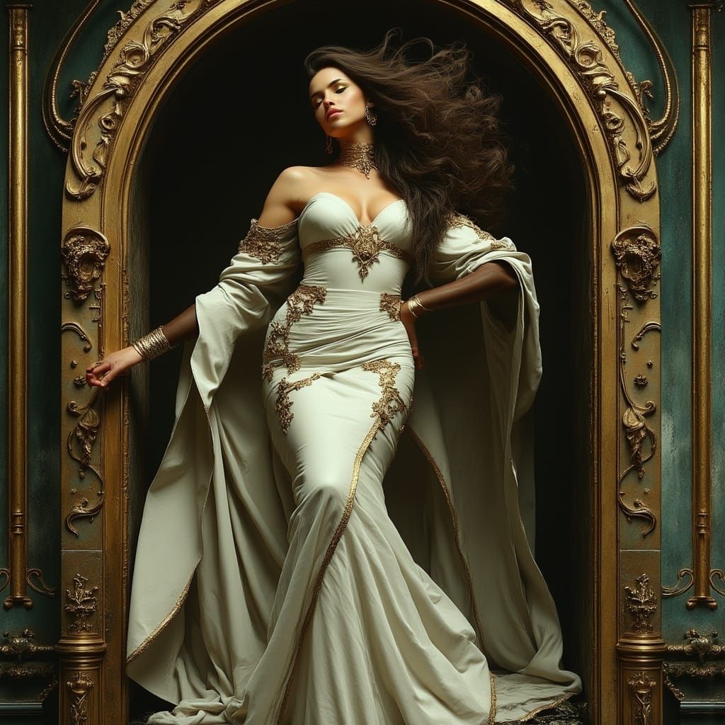 Voluptuous Woman in Sci-Fi Baroque Gown