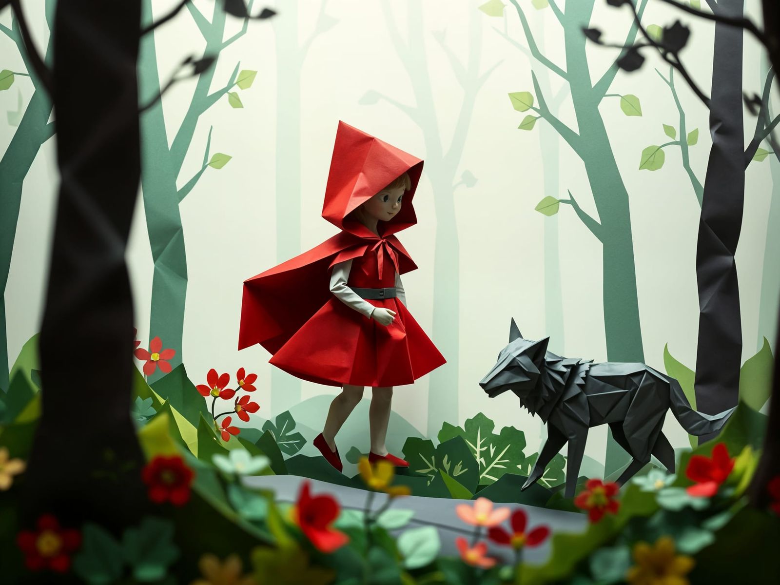 Little Red Riding Hood and Wolf Origami in Paper Forest