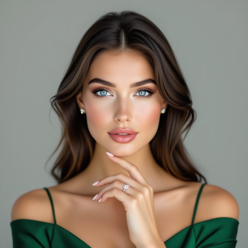 Elegant Woman in Green Dress with Captivating Blue Eyes