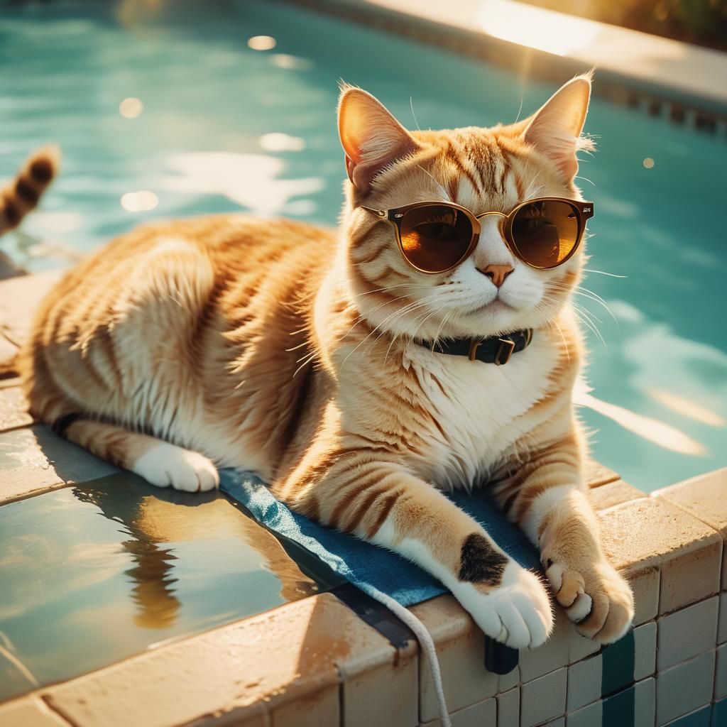 Cat Lounging Poolside in Vintage Film Style