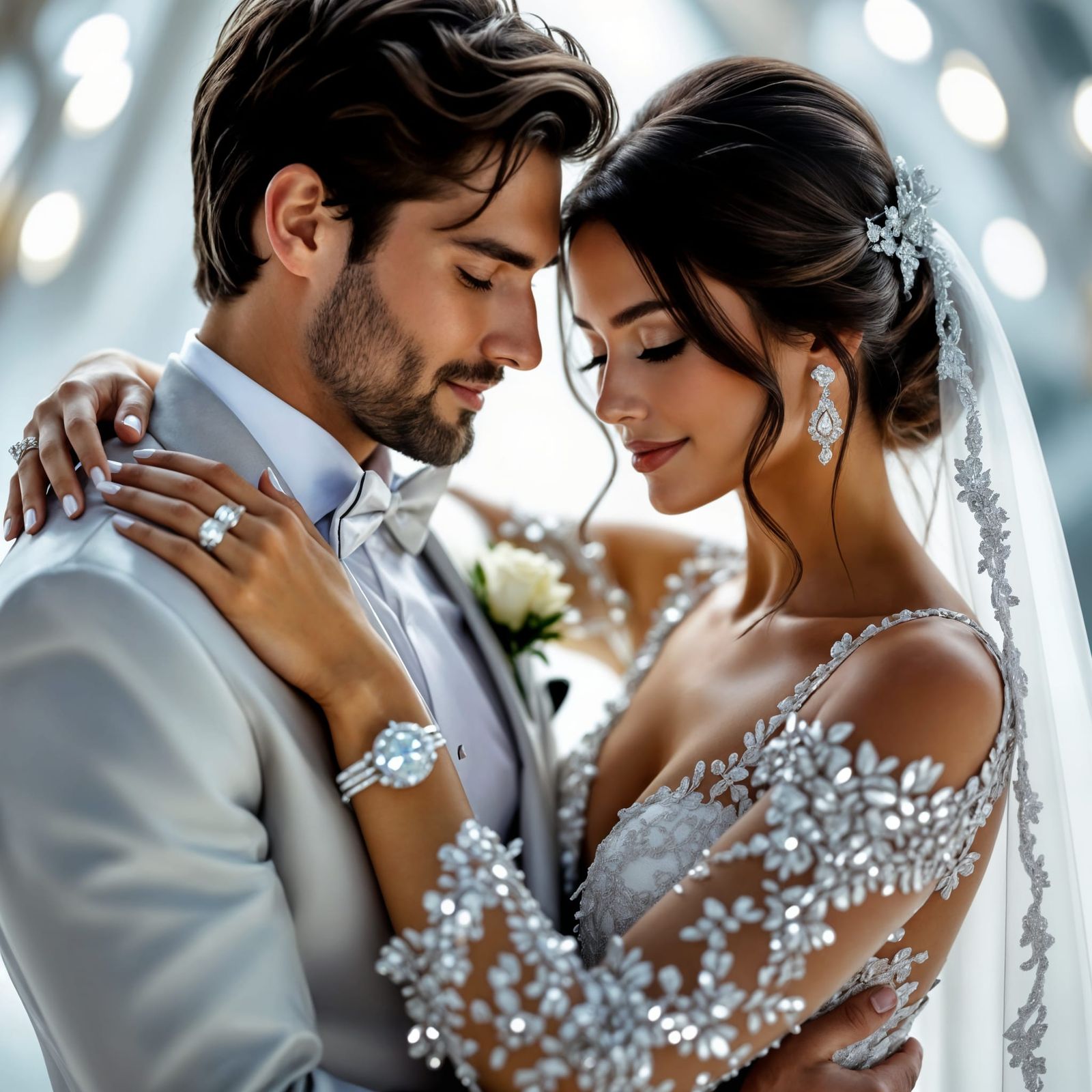 Couple in Metallic Silver Dresses with Sterling Silver Jewel...