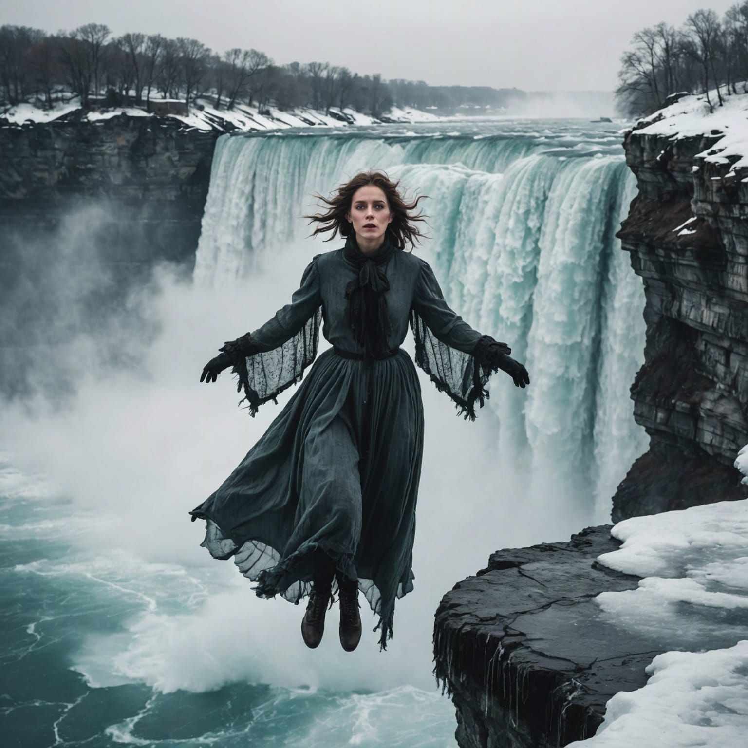 Ghostly Woman Levitating Above Frozen Niagara Falls