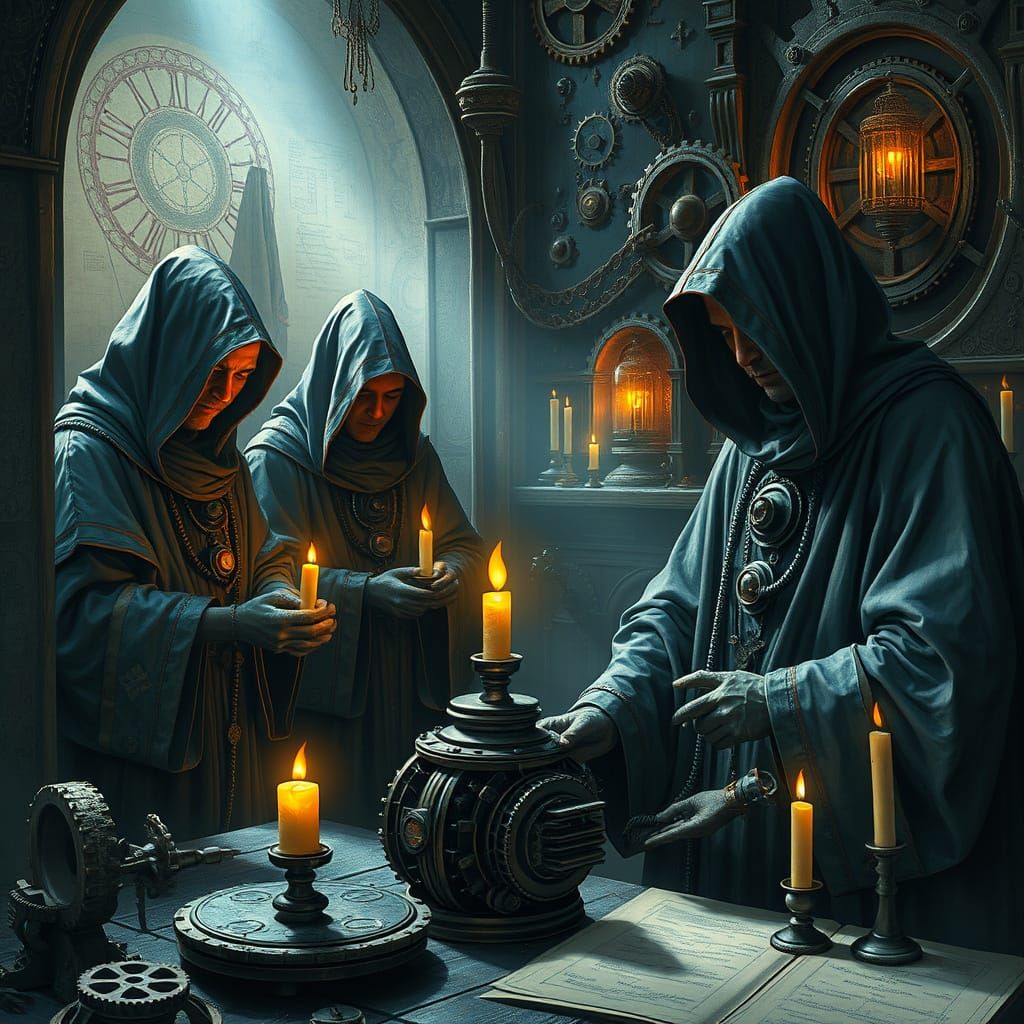 Monks Forging Automatons in Dark Surrealist Style