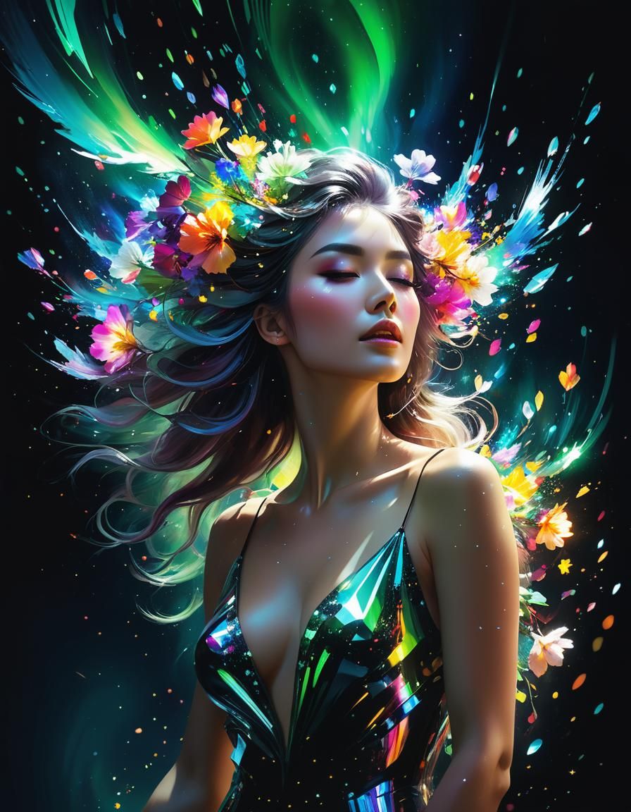 Neon Flowers Exploding with Aurora Particle Flow