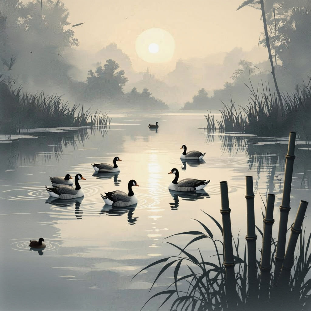 Peaceful Goose and Ducks in Chinese Ink Art