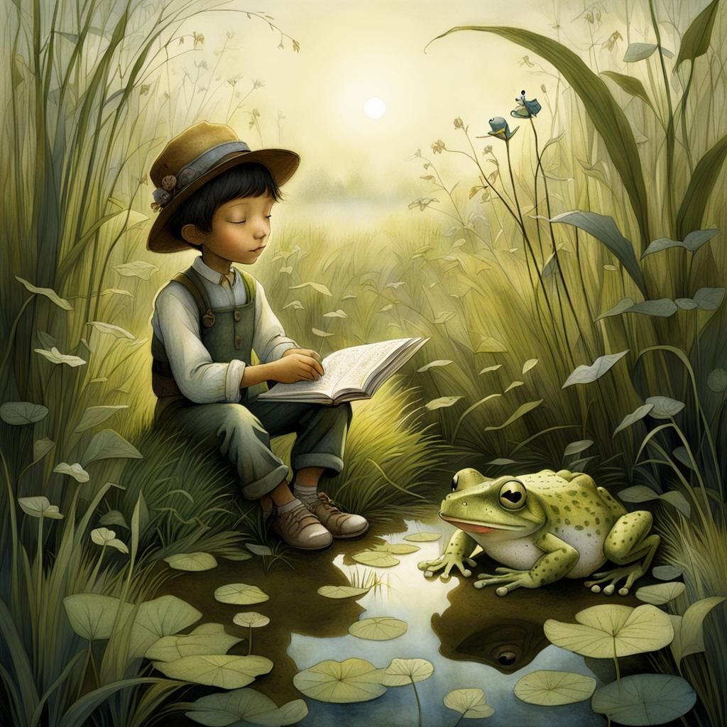Boy and Frog in Shimmering Light: Detailed Illustration