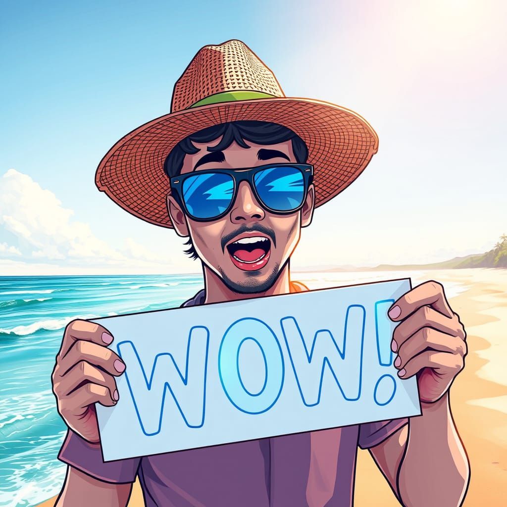 Surprised Beachgoer with Sign in Vibrant Style