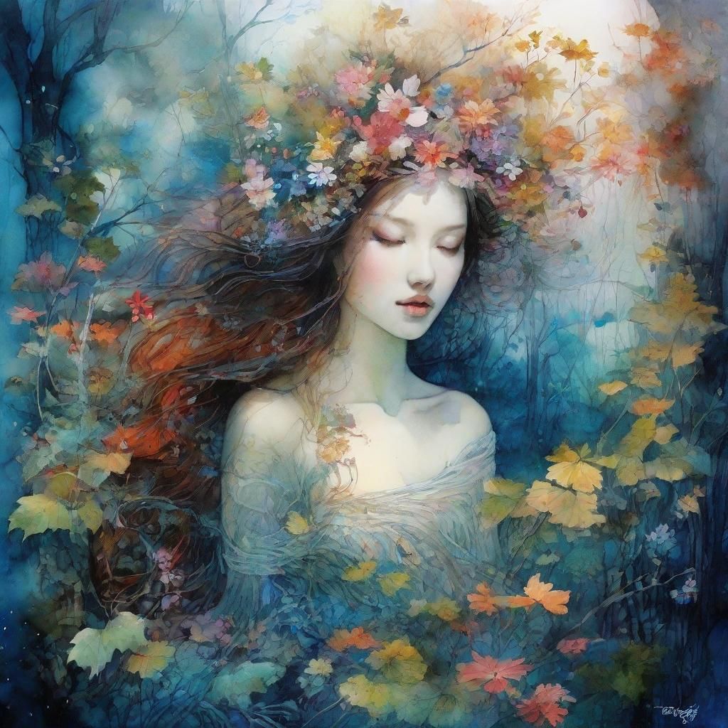 Ethereal Woodland Woodcarving in Watercolor Style