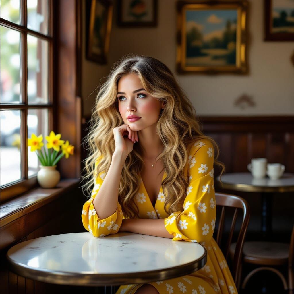 Woman in Yellow Dress at Cafe, Impressionistic Style