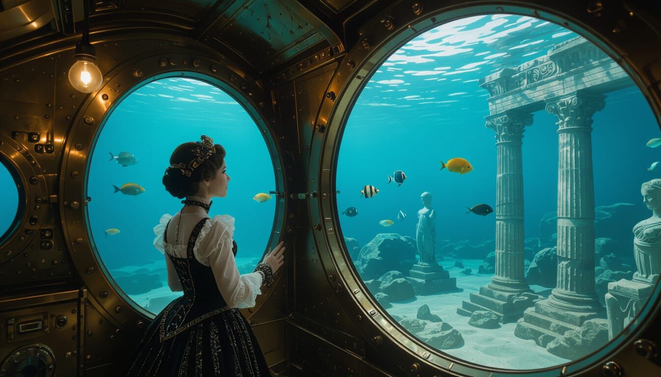 Victorian Woman in Steampunk Submarine Views Underwater Ruin...