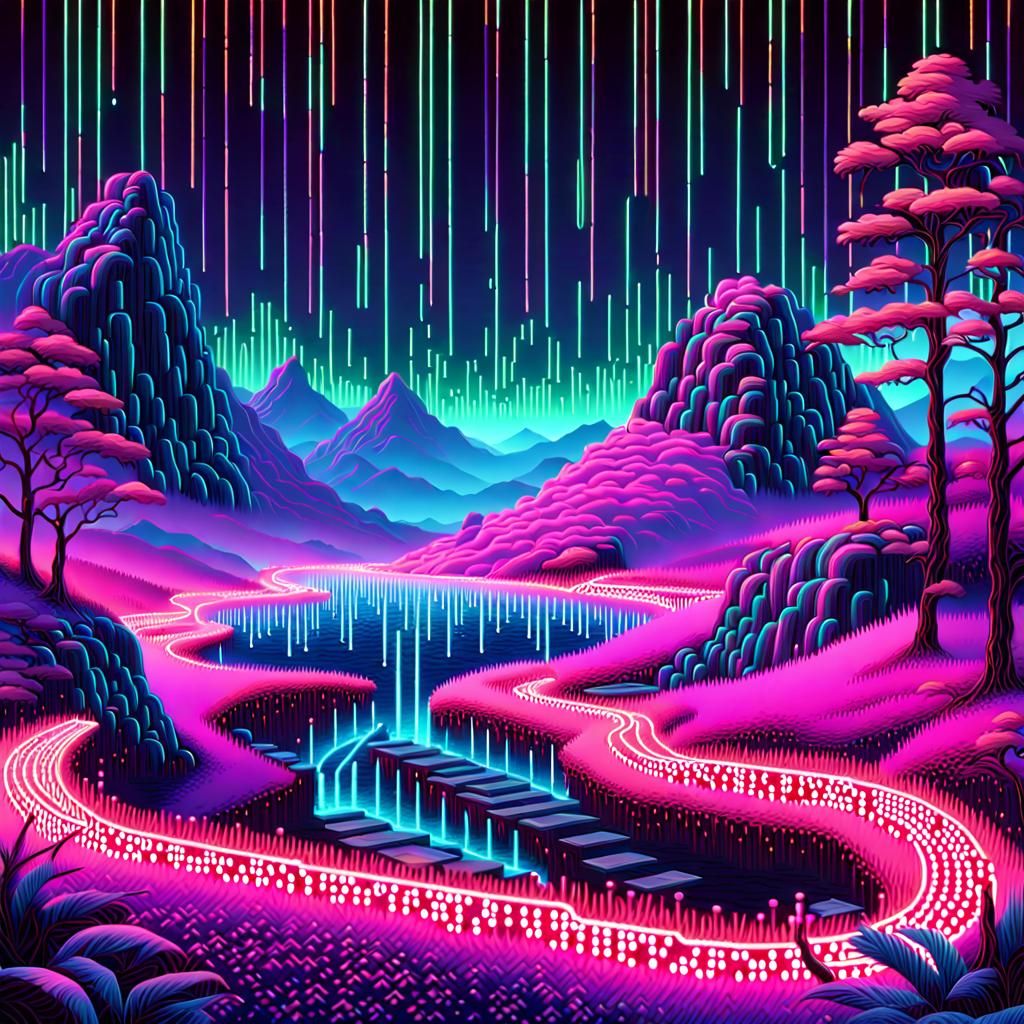 Neon Binary Code Dreamscape in Digital Art Style