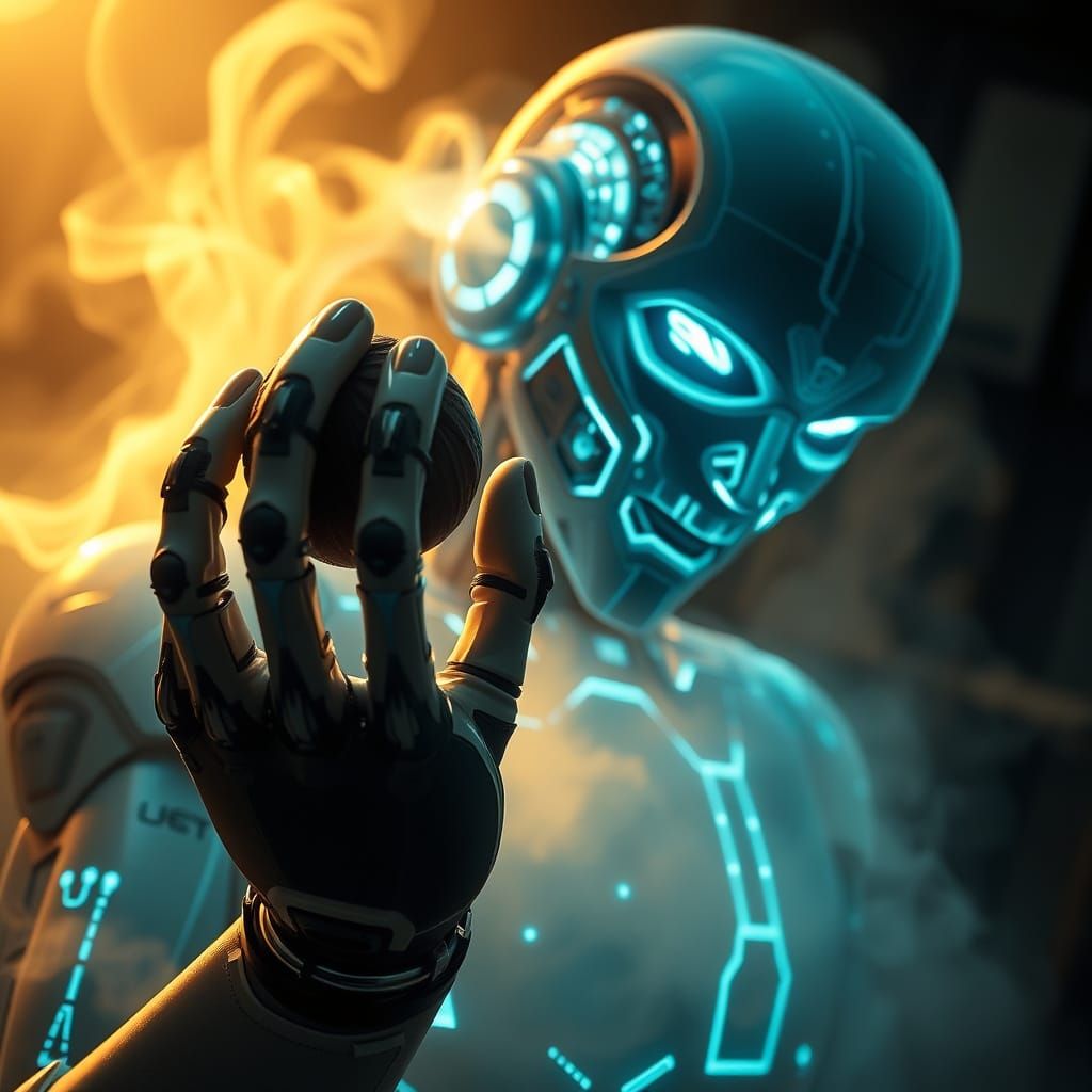 Humanoid Robot Craves Chocolate in Cyberpunk Dreamscape