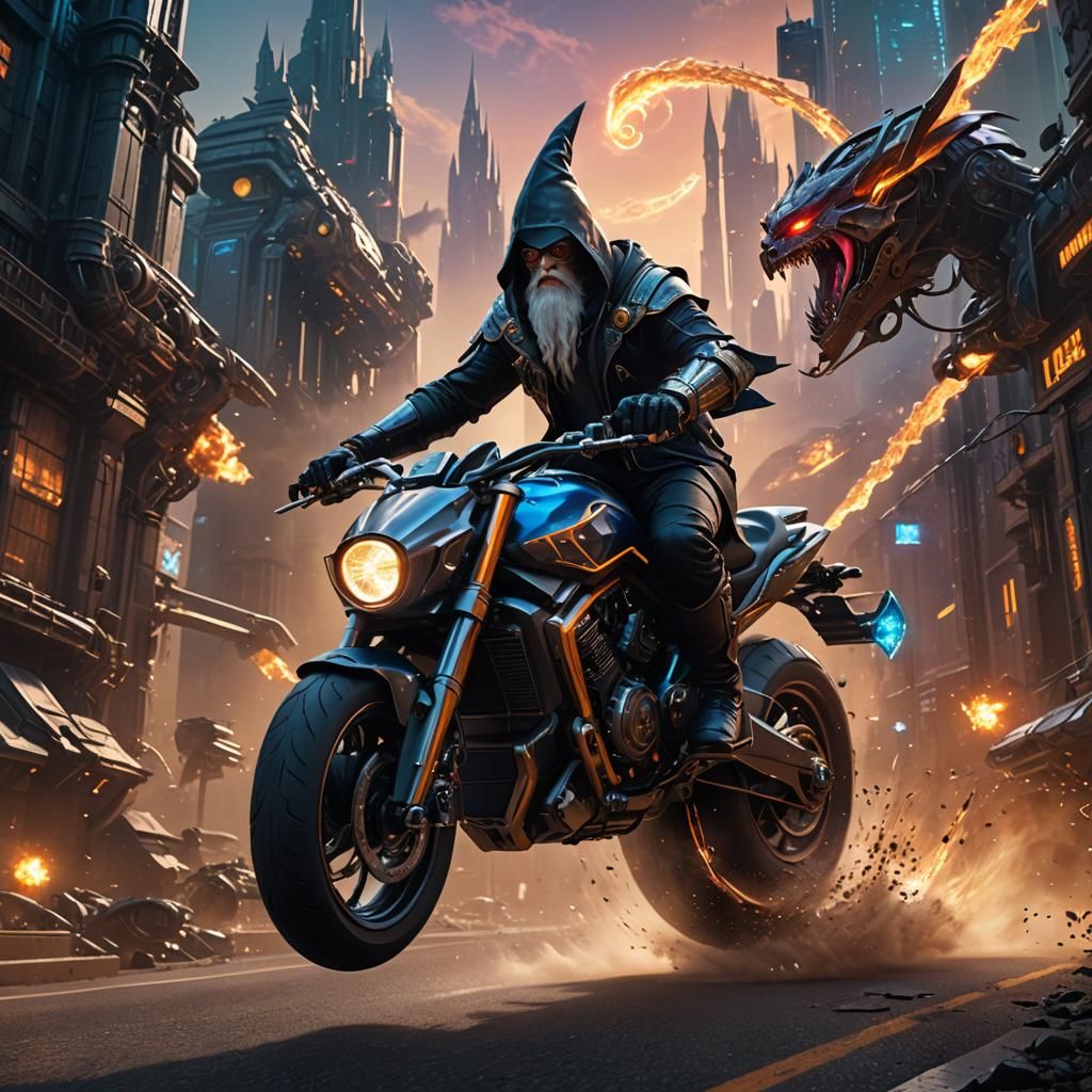 Wizard on Futuristic Motorcycle in Detailed Matte Painting