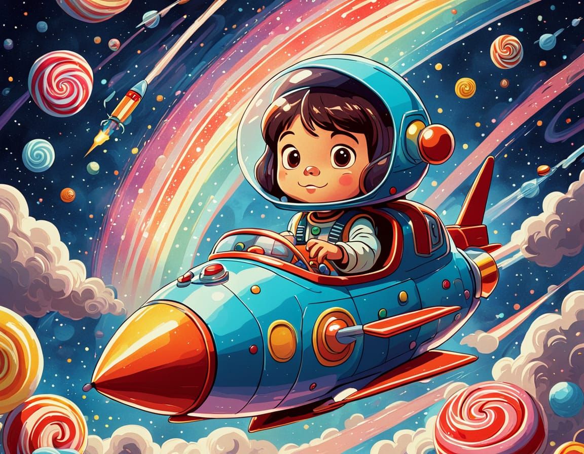 Cartoon Child Pilots Rocket Through Candy Galaxy